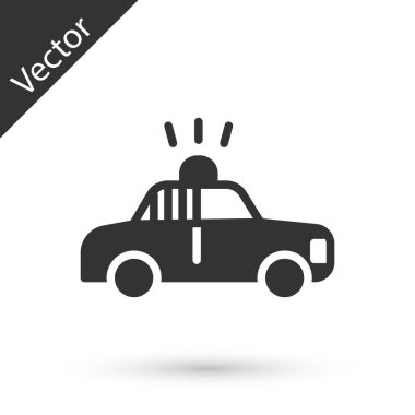 Gri polis arabası ve polis teşhircisi ikonu beyaz arka planda izole edilmiş. Acil durum sireni. Vektör.