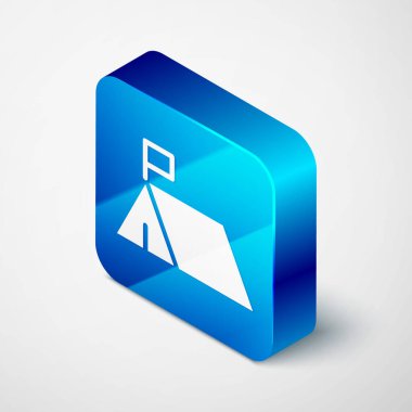 Gri arkaplanda Isometric Protesto Kampı ikonu izole edildi. Protesto çadırı. Mavi kare düğme. Vektör.