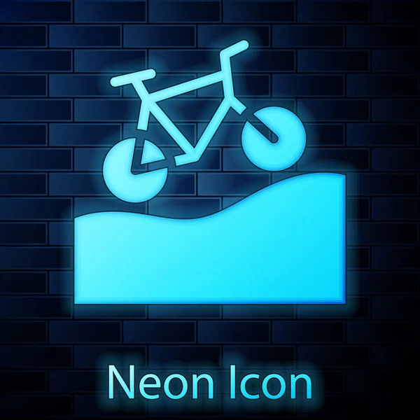 Glowing Neon Mountain Bicycle Icon Isolated Brick Wall Background Bike — Stock Vector