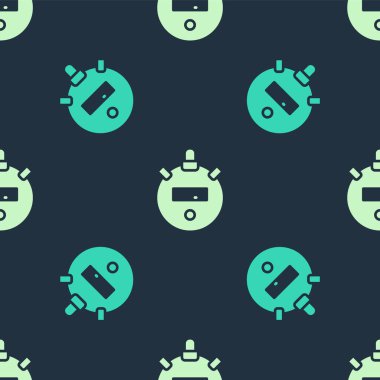 Yeşil ve bej renkli Kronometre simgesi mavi arkaplandaki pürüzsüz deseni izole etti. Zaman göstergesi. Kronometre işareti. Vektör.