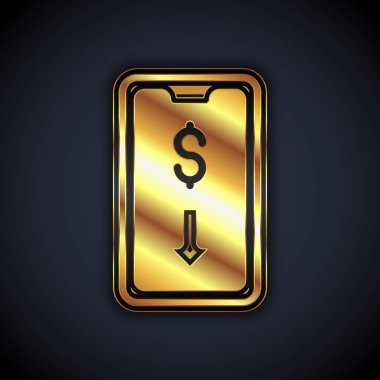 Altın Mobil hisse senedi konsepti simgesi siyah arka planda izole edildi. Çevrimiçi ticaret, borsa analizi, iş ve yatırım. Vektör.