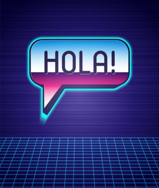 Farklı dillerdeki Retro stili Hola ikonu fütüristik manzara arka planını izole etti. Konuşma baloncukları. 80 'lerin moda partisi. Vektör.