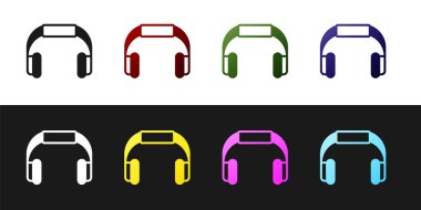 Kulaklık simgesini siyah beyaz arkaplana ayır. Kulaklıklar. Müzik, hizmet, iletişim ve operatör konsepti. Vektör.