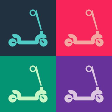 Renkli arka planda izole edilmiş çocuk simgesi için Pop Art Paten Scooter. Motoru tekmele ya da dengeli sür. Vektör.