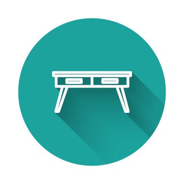 Beyaz çizgi ofis masa simgesi uzun gölgeli izole edilmiş. Yeşil daire düğmesi. Vektör.