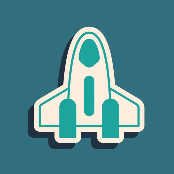 Groene Raket Schip Pictogram Geïsoleerd Groene Achtergrond Ruimtevaart Lange Schaduw — Stockvector