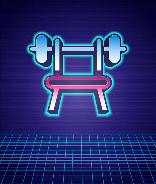 Retro Style Bench Barbell Icon Isolated Futuristic Landscape Background Gym — Stock Vector