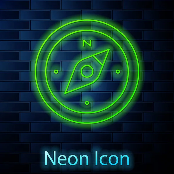 Zářící Neonová Čára Ikona Kompas Izolovaná Pozadí Cihlové Stěny Windrose — Stockový vektor