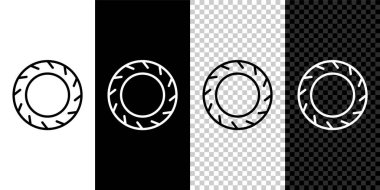 Siyah ve beyaz arkaplanda izole edilmiş bisiklet tekerleği ikonu ayarla. Bisiklet yarışı. Olağanüstü bir spor. Spor malzemeleri. Vektör.