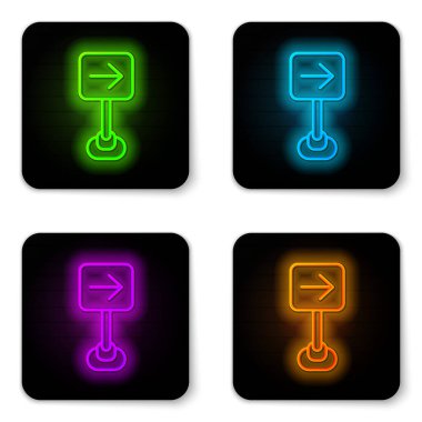 Parlayan neon çizgisi trafik işareti sağa dön dikkat simgesi beyaz arkaplanda izole edildi. Trafik kuralları ve güvenli sürüş. Siyah kare düğme. Vektör.