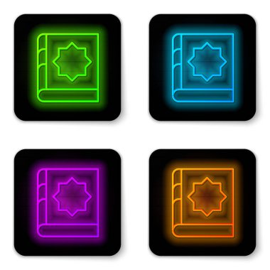 Parlayan neon hattı beyaz arka planda izole edilmiş kutsal Kur 'an ikonu. Müslüman bayramı, Kurban Bayramı, Kurban Bayramı, Ramazan Kareem. Siyah kare düğme. Vektör.