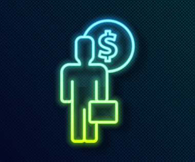 Parlayan neon hattı iş adamı kara arka planda izole edilmiş zihin ikonu planlıyor. Dolarlı insan kafası. Para kazanmak için bir fikir. Yatırım artışı. Vektör.