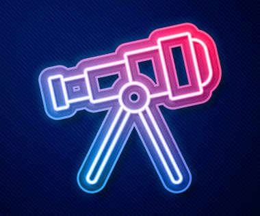 Parlayan neon hattı Teleskop simgesi mavi arkaplanda izole edildi. Bilimsel bir alet. Eğitim ve astronomi elementi, dürbün ve çalışma yıldızları. Vektör.