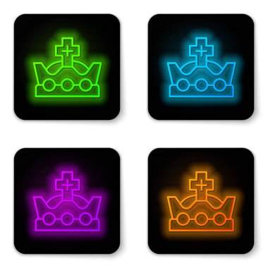 Parlayan neon hattı beyaz arka planda Kral Crown simgesi izole edildi. Siyah kare düğme. Vektör.