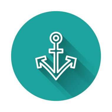 Beyaz çizgi Anchor simgesi uzun gölge arkaplanı ile izole edildi. Yeşil daire düğmesi. Vektör.