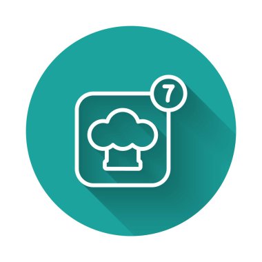 Beyaz çizgi Şefi şapkası simgesi uzun gölge arkaplanı ile izole edildi. Aşçılık sembolü. Aşçı şapkası. Yeşil daire düğmesi. Vektör.