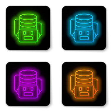 Parlayan neon hattı yapay zeka robot simgesi beyaz arkaplanda izole edildi. Makine öğrenme, bulut hesaplama. Siyah kare düğme. Vektör.