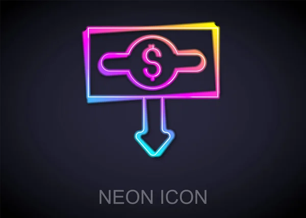 Leuchtende Neon Linie Dollarkurs Abnahme Symbol Isoliert Auf Schwarzem Hintergrund — Stockvektor