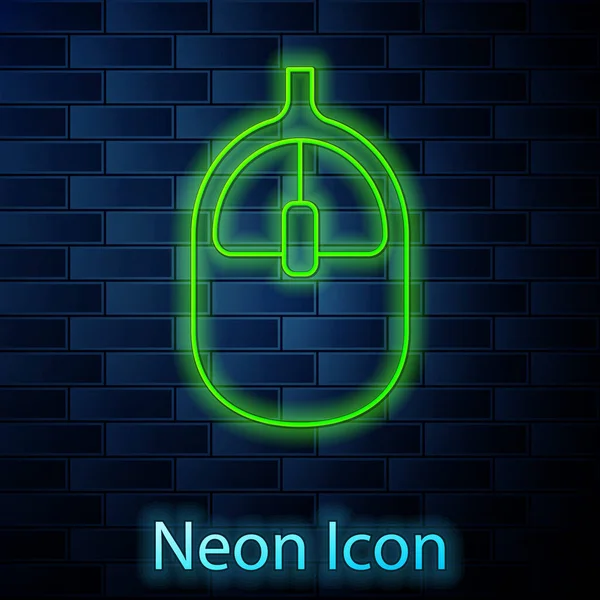 Gloeiende Neon Lijn Computer Muis Pictogram Geïsoleerd Baksteen Muur Achtergrond — Stockvector