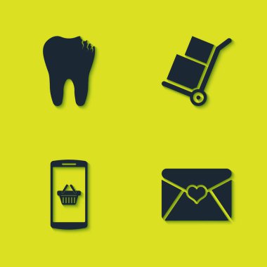 Kırık diş, Sevgililer Günü kalbinde zarf, cep telefonu, el arabası ve kutu ikonunda alışveriş sepeti. Vektör.