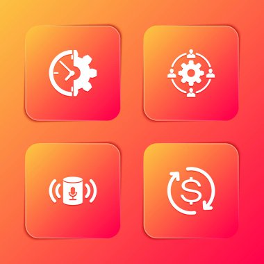 Saat ve vites ayarla, dış kaynak kavramı, ses asistanı ve yatırım simgesinin dönüşü. Vektör.