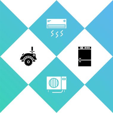 Elektrikli testere, klima ve buzdolabı ikonu ayarla. Vektör.