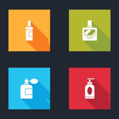 Sakal ve bıyık bakım yağı şişesi, tıraş losyonu, atomizer ve krem ya da losyon kozmetik tüp ikonu. Vektör.