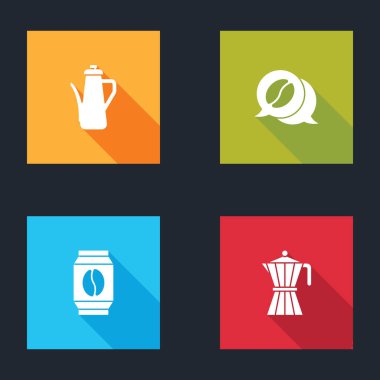 Çaydanlık, kahve ve sohbet, kahve çekirdekleri ve moka ikonu. Vektör.