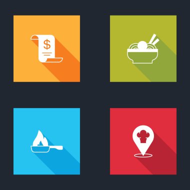 Kağıt ya da finansal çek, Asya erişte kasesi, tava ve konum ikonlu Şef şapkası. Vektör.