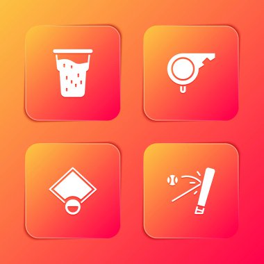 Bir bardak bira, ıslık çal, beyzbol sahası ve ikonlu sopa hazırla. Vektör.