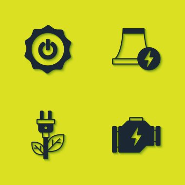 Güç düğmesini, motoru, elektrik prizi yaprağını ve nükleer santral simgesini ayarla. Vektör.