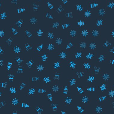 Tekila şişesi, Meksikalı sombrero, güneş ve kaktüs seti ya da dikişsiz desenli tencereye sulu. Vektör.