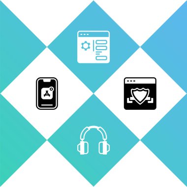 Mobil uygulamaları, kulaklıkları, tarayıcı ayarlarını ve kalkan simgesini ayarla. Vektör.