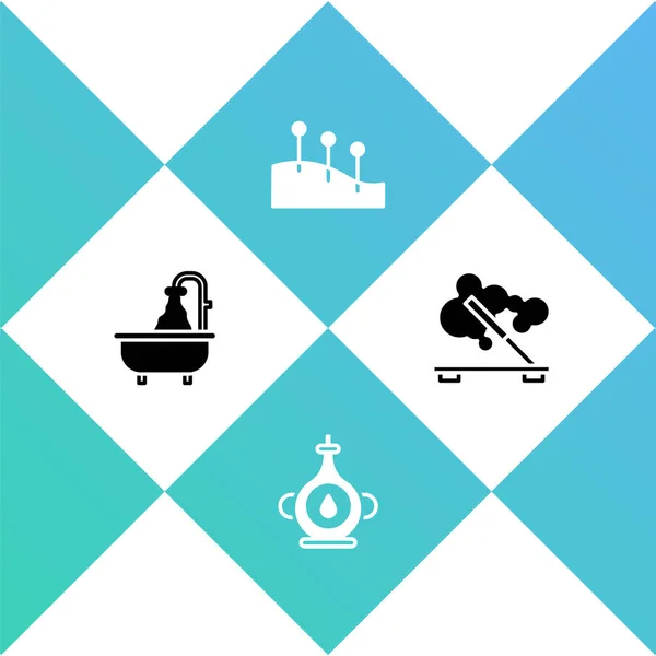 Set Bathtub, Oil bottle, Acupuncture therapy and Scented spa stick icon. Vector.