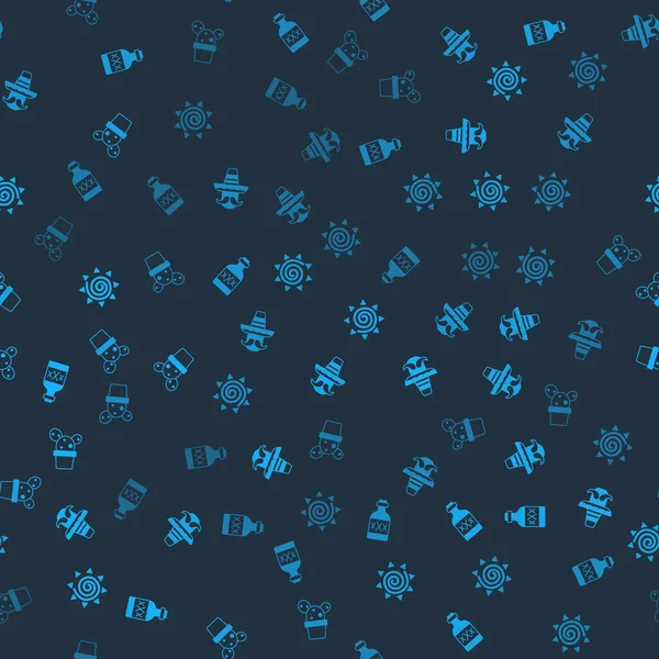 Tekila şişesi, Meksikalı sombrero, güneş ve kaktüs seti ya da dikişsiz desenli tencereye sulu. Vektör.