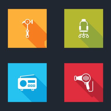 Çekiç ofis koltuğu radyo ve saç kurutma ikonunu ayarla. Vektör.