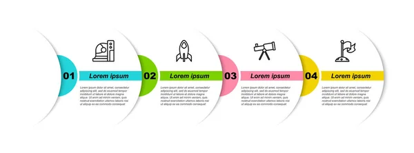 Установить Линию Шлем Астронавта Ракетный Корабль Телескоп Луна Флагом Бизнес — стоковый вектор
