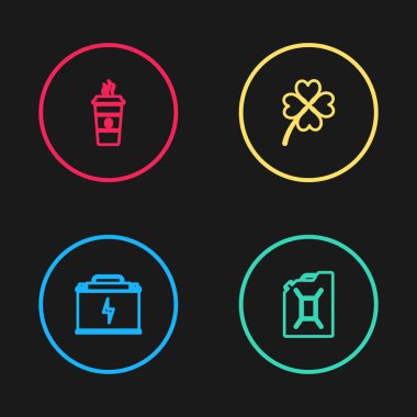 Hat hattı aküsü, benzin bidonu, dört yapraklı yonca ve kahve bardağı ikonu. Vektör.