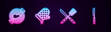 Biftek, fırın eldiveni, çapraz bıçak ve spatulayla ızgara yapın. Parlayan neon ikonu. Vektör.