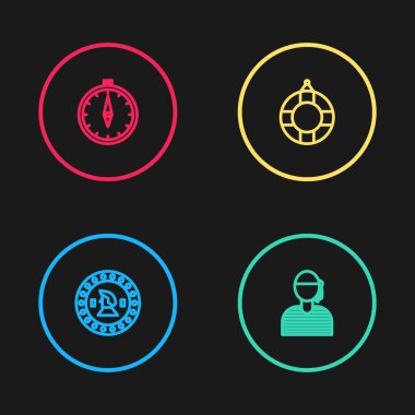 Korsan parası, denizci kaptanı, Lifebuoy ve pusula simgesi. Vektör.