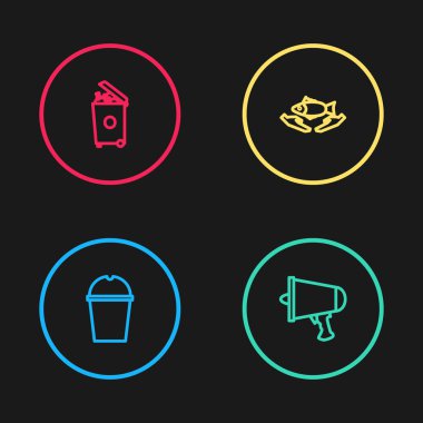 Kağıt bardak suyu, megafon, balık bakımı ve çöp tenekesi ikonunu yerleştir. Vektör.