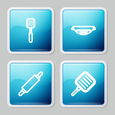 Spatula, Kitchen süzgeci, Rolling pin ve kızartma tavası ikonu. Vektör.