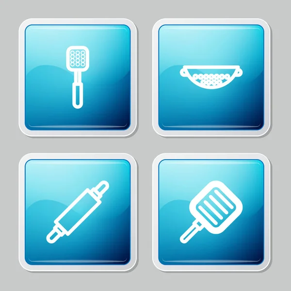 Set Line Spatula Kitchen Colander Rolling Pin Frying Pan Icon — Stock Vector