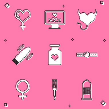 Set Female gender and heart Monitor with 18 plus content Devil horns Dildo vibrator for sex games Bottle pills potency Silicone ball gag symbol and Spanking paddle icon. Vector.