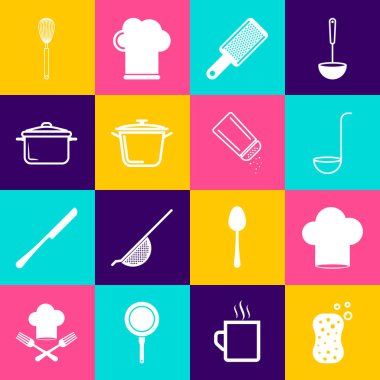 Süngeri köpüklü hazırla Şef şapkalı mutfak kepçeli ızgara tencere çırpıcı, tuz ve biber ikonu. Vektör.