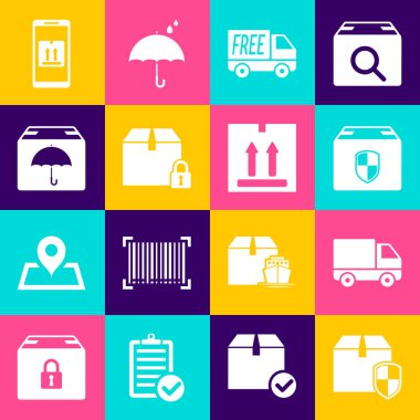 Teslimat kutusu güvenlik kalkanı kargo aracını şemsiyeli mobil uygulama takibi ve karton trafik ikonu içeren ücretsiz teslimat servisiyle donatın. Vektör.