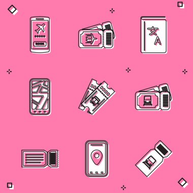 Mobil Bilet Havayolları Çevirmen kitabı Infographic ile şehir haritası otobüs bileti ve simgesini ayarla. Vektör.