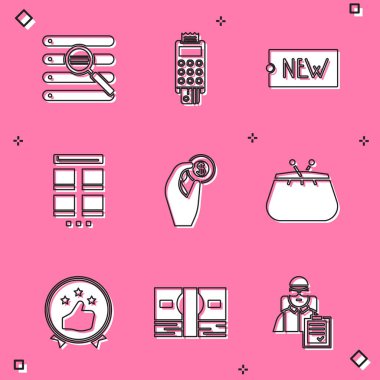 Bir tarayıcı penceresinde Aramayı Ayarla etiket metni Yeni Online alışveriş cep telefonunda madeni para cüzdan tüketicisi veya müşteri ürün derecelendirme ve kağıt para ikonu tutuyor. Vektör.