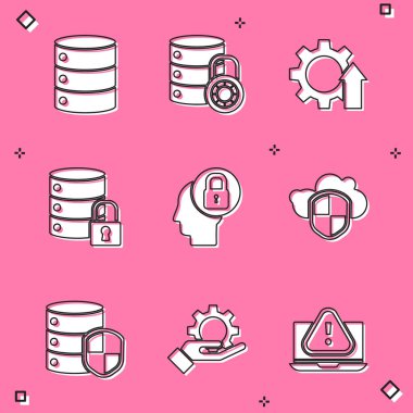 Sunucu Veri Sunucusu Web Sunucusunu kilit Arrow büyütme teçhizatı İnsan kafası Bulut ve kalkan ve El ayarları simgesi ile güvenliğe ayarlayın. Vektör.