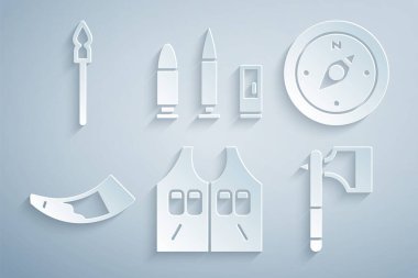 Av ceketi pusula boynuzu baltası mermiyi, fişeği ve ortaçağ mızrak ikonunu hazırlayın. Vektör.